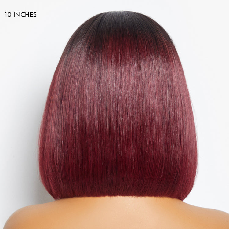 Luvme 5x5 closure wig with ombre highlights, silky blunt cut bob style, HD lace, pre-cut lace, available in large and small cap sizes.