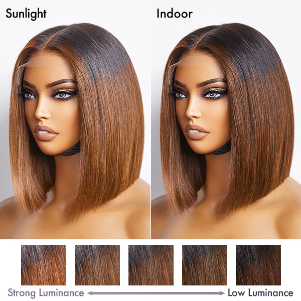 Luvme 5x5 closure wig with ombre highlights, silky texture, blunt cut, HD lace, glueless design, available in large and small cap sizes.