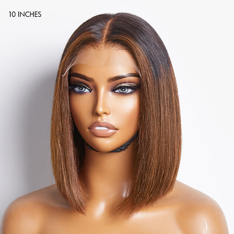 Luvme 5x5 closure wig with ombre highlights, silky blunt cut style, HD lace, pre-cut lace, available in large and small cap sizes.