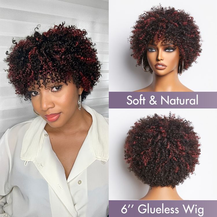 Dark Red / Blonde Highlights / Natural Black Afro Curls Glueless Ready to Go Wig Beginner Friendly - US Only-06