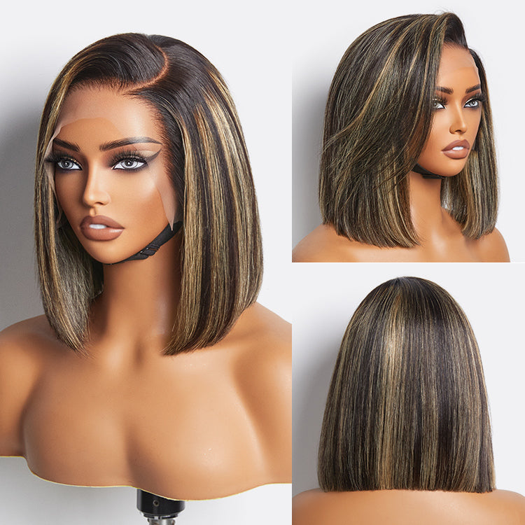 Exclusive Deal | Super Natural C Part Natural Black / Blonde Highlight Glueless Lace Bob Wig 100% Human Hair | Fits All Face Shapes-08