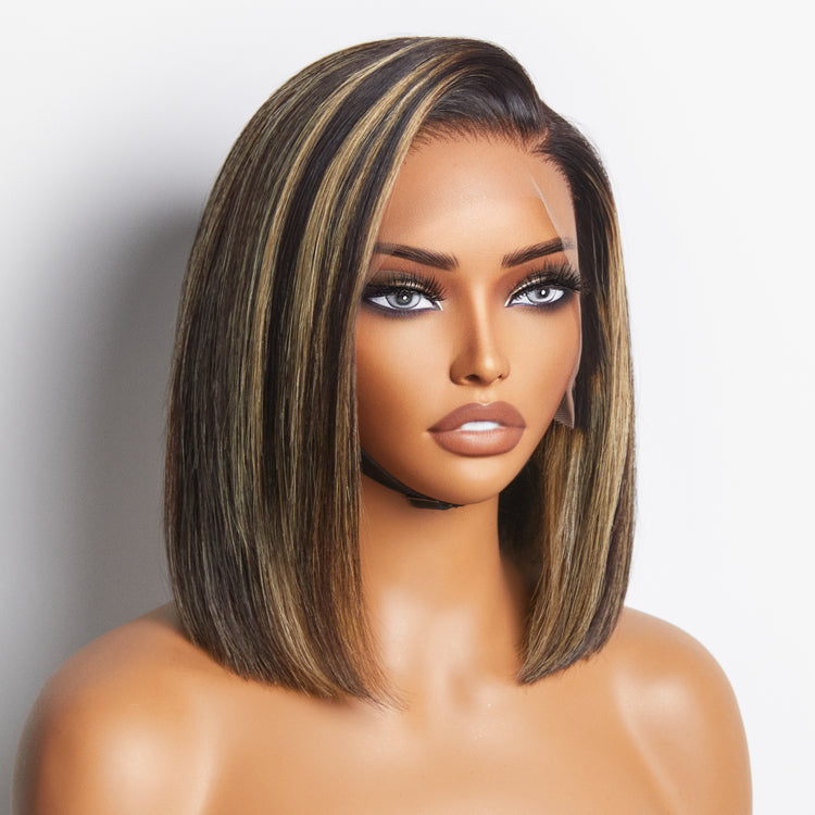 Exclusive Discount | Super Natural C Part Natural Black / Blonde Highlight Glueless Lace Bob Wig 100% Human Hair | Fits All Face Shapes-17