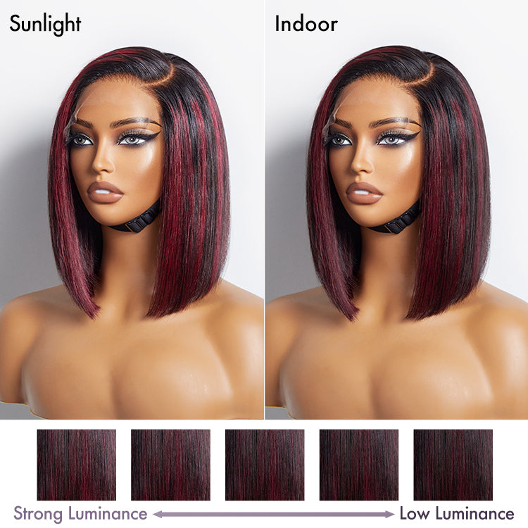 Dark Red Highlights Silky Blunt Cut C Part Glueless Minimalist HD Lace Bob Wig Beginner Friendly - US Only-07