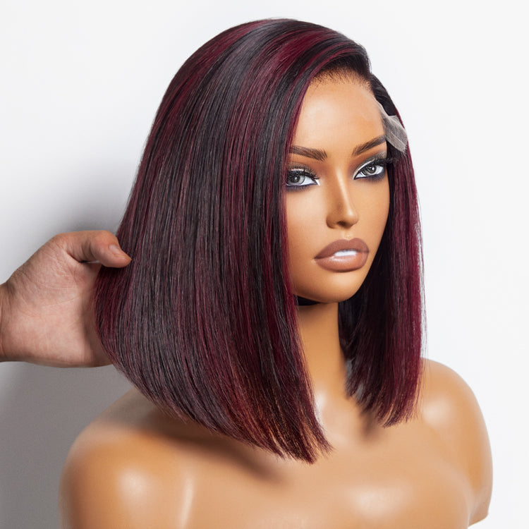 Dark Red Highlights Silky Blunt Cut C Part Glueless Minimalist HD Lace Bob Wig Beginner Friendly - US Only-06