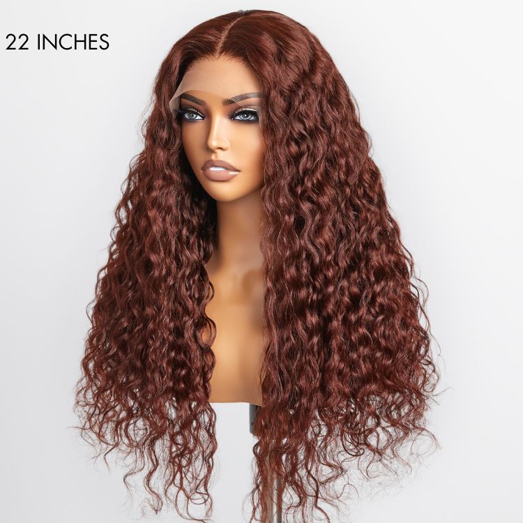 Special Deal | Casual Reddish Brown Curly 5x5 Closure Lace Glueless Mid Part Long Wig 100% Human Hair