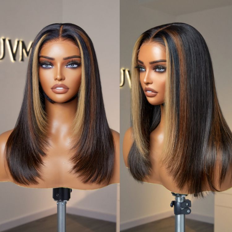 Luxurious Combo Color Highlights Silky Layered Cut Glueless 5x5 Closure HD Lace Wig-03