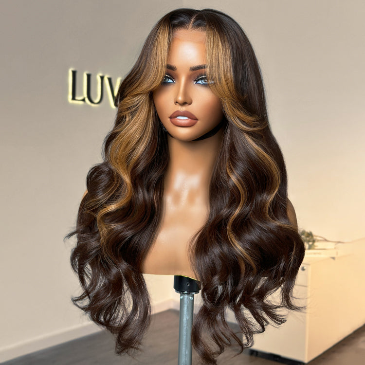 Exclusive Sale | Breathable Cap Brown Highlight Loose Wave Glueless 5x5 Closure HD Lace Wig with Curtain Bangs