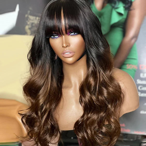 Letitia Chestnut Brown Ombre Loose Body Wave With Blunt Bangs 5x5 Closure Lace Glueless Wig | Large & Small Cap Size-03