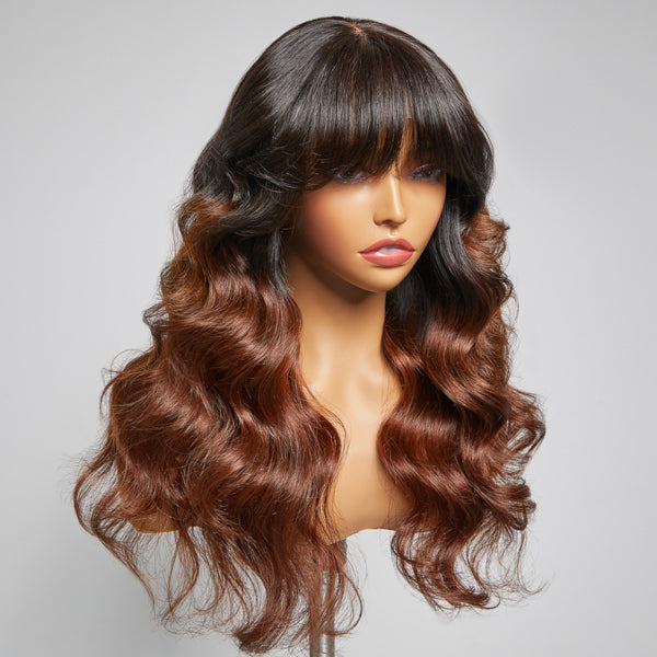 Letitia Chestnut Brown Ombre Loose Body Wave With Blunt Bangs 5x5 Closure Lace Glueless Wig | Large & Small Cap Size-05