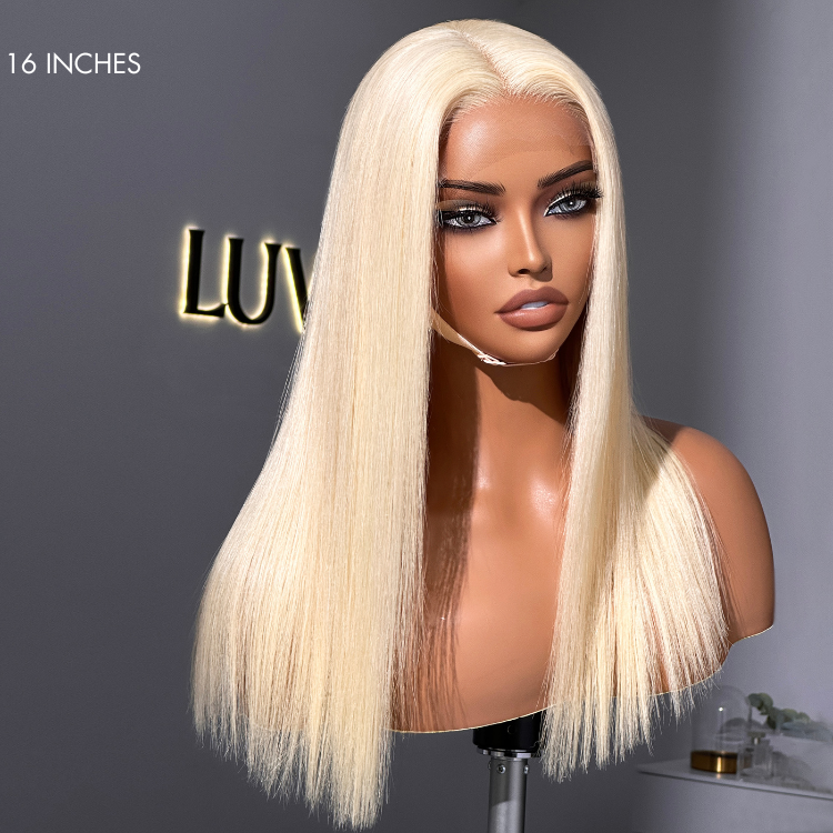 Luvme PreMax 5x5 closure wig with 180% density, bleached knots, silky straight 613 hair, glueless HD lace, mid part, long style
