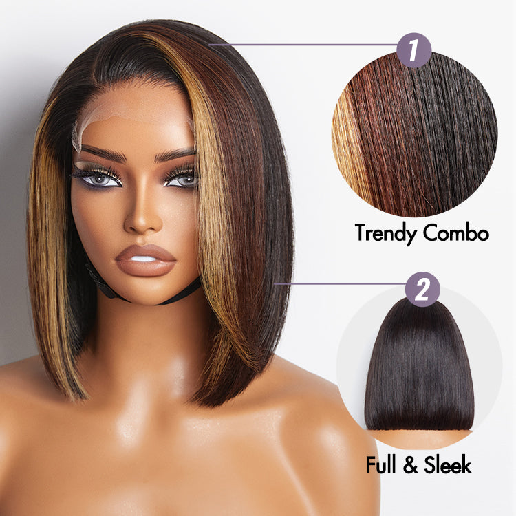 Limited Design | Brown Blonde Combo Highlight Straight Glueless 5x5 Closure HD Lace Bob Wig | Large & Small Cap Size-05