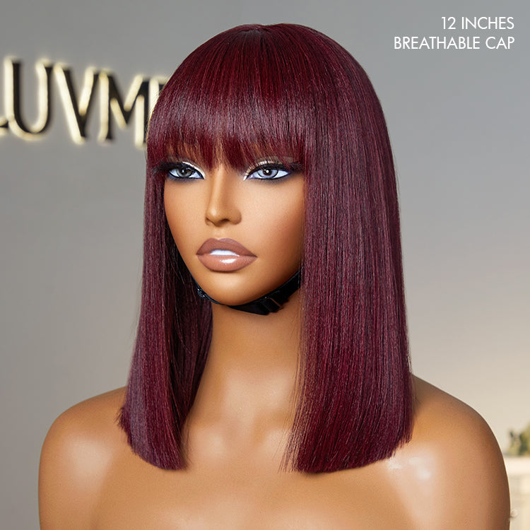 Exclusive Discount Offer | Put On and Go Realistic Glueless Yaki Straight Bob with Bangs Minimalist Lace Wig 100% Human Hair