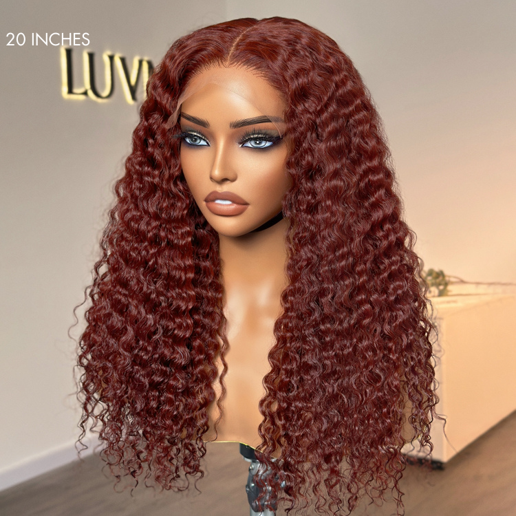 Dark Reddish Brown Fluffy Deep Wave Glueless 5x5 Closure Lace Wig - US Only-06