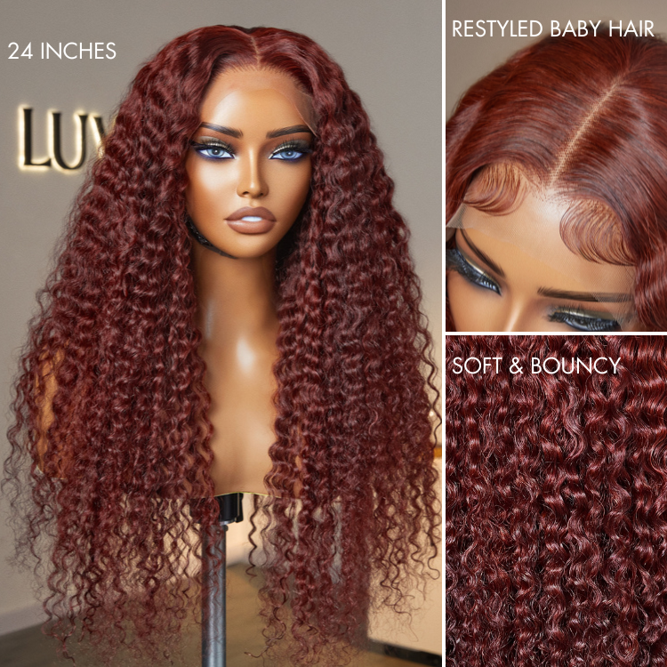 Dark Reddish Brown Fluffy Deep Wave Glueless 5x5 Closure Lace Wig - US Only-05
