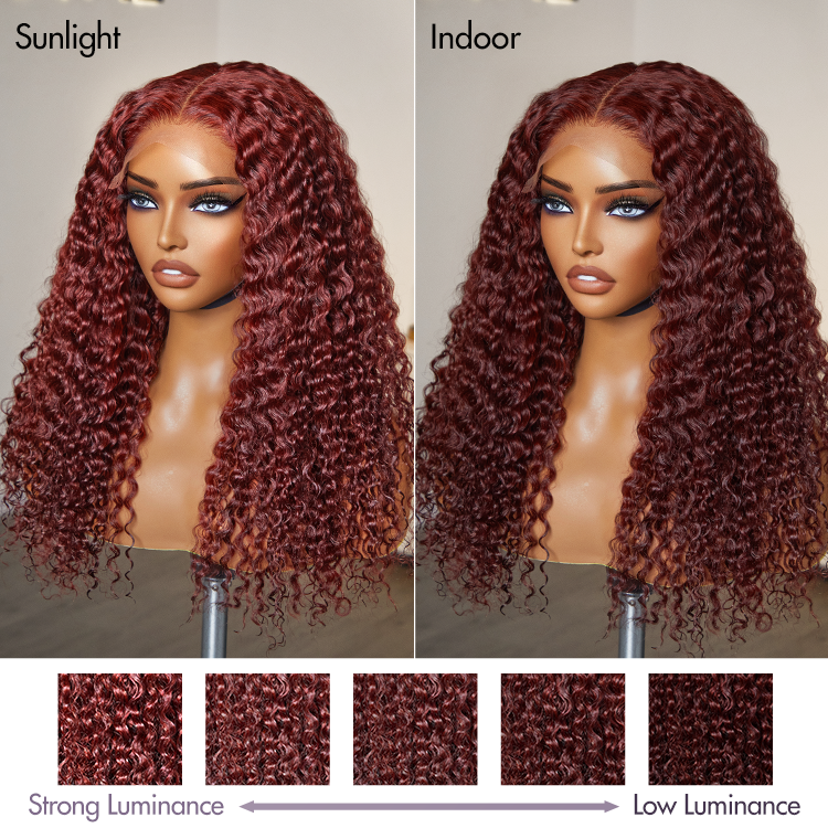 Dark Reddish Brown Fluffy Deep Wave Glueless 5x5 Closure Lace Wig - US Only-09