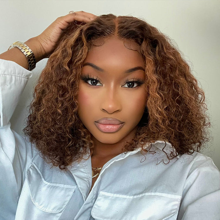 Mix Brown Kinky Curly 5x5 Closure HD Lace Glueless Mid Part Neck Length Wig 100% Human Hair - US Only-01