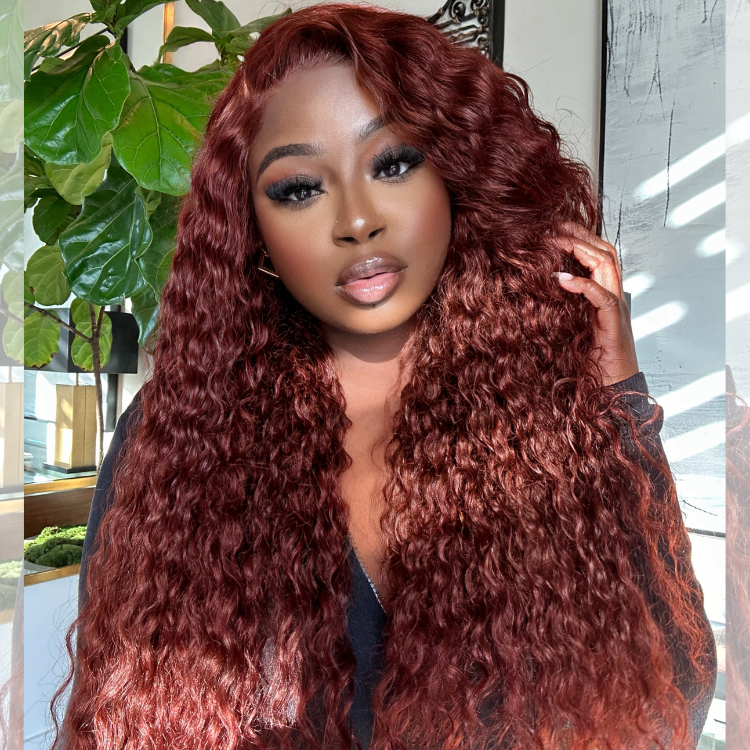 Dark Reddish Brown Fluffy Deep Wave Glueless 5x5 Closure Lace Wig - US Only-02