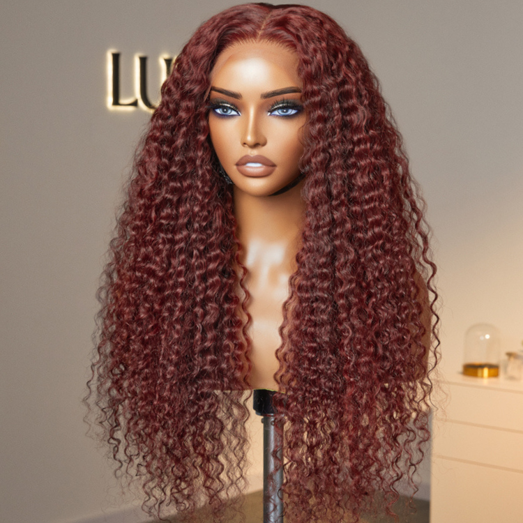 Dark Reddish Brown Fluffy Deep Wave Glueless 5x5 Closure Lace Wig - US Only-04
