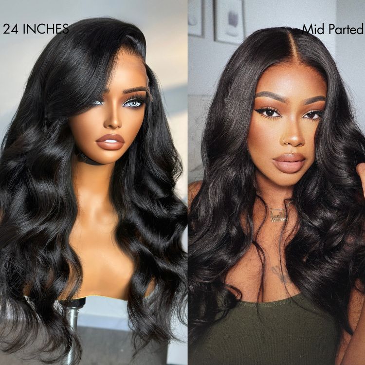 Luvme Hair glueless body wave wig with 7x6 HD lace closure, pre-plucked, bleached knots, breathable cap, and natural parting.