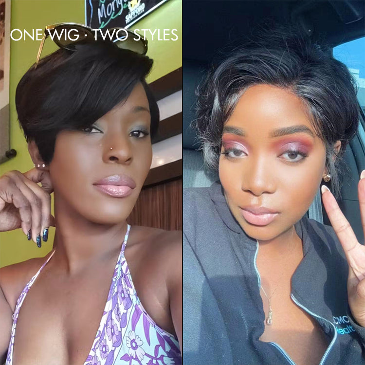 Luvme short pixie cut lace wig with pre-styled, minimalist design, showcasing sleek, natural hair texture and lace front detail.