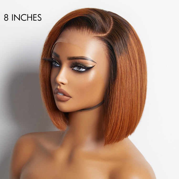 Points Rewards | Ginger Ombre Silky Blunt Cut Glueless 13x4 Lace Front Short Bob Wig 100% Human Hair