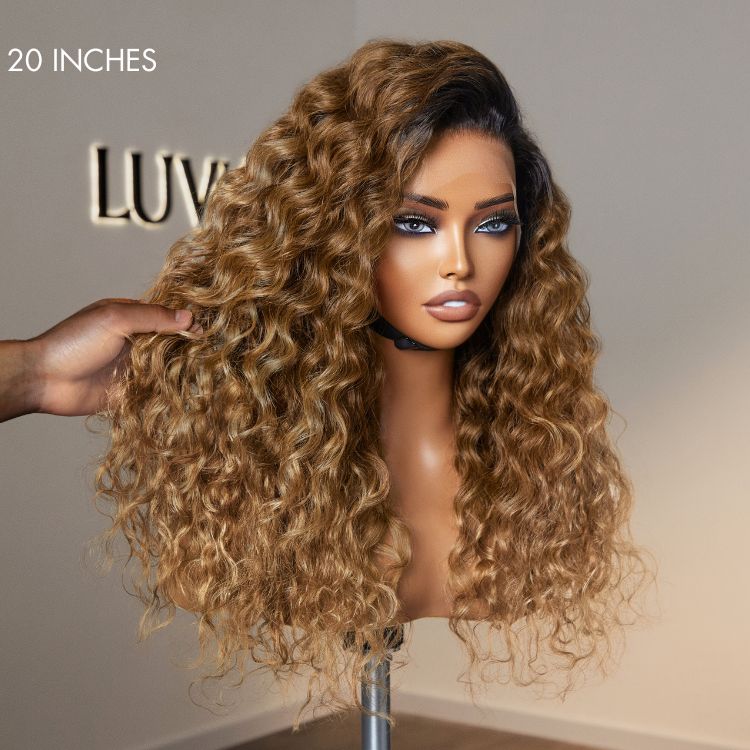 Luvme Hair sun-kissed ombre blonde 13x4 water wave glueless frontal lace wig with free part, natural hairline and styled waves.