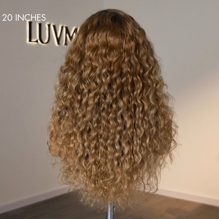 Luvme Hair sun-kissed ombre blonde water wave 13x4 frontal lace wig with free part, glueless design, styled with flowing waves.