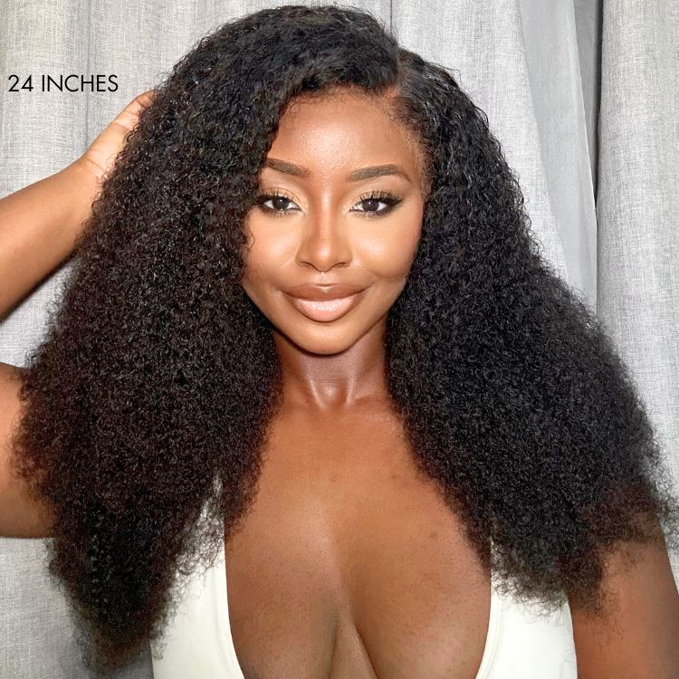 Luvme 13x4 frontal wig with realistic kinky afro curly edges, long glueless human hair wig for natural styling.