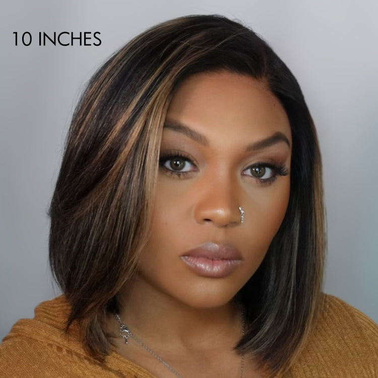 Exclusive Deal | Super Natural C Part Natural Black / Blonde Highlight Glueless Lace Bob Wig 100% Human Hair | Fits All Face Shapes-11