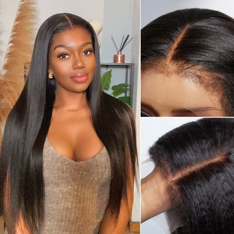 Luvme 13x4 HD lace frontal wig with natural yaki straight texture, free parting, glueless design, and lace closure for a realistic look.