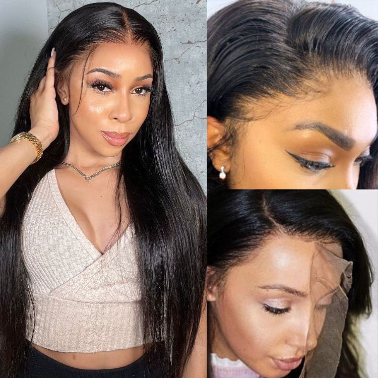 Luvme 13x4 frontal wig with 180% density, silky straight 100% human hair, HD lace, glueless long lace wig shown on a mannequin.