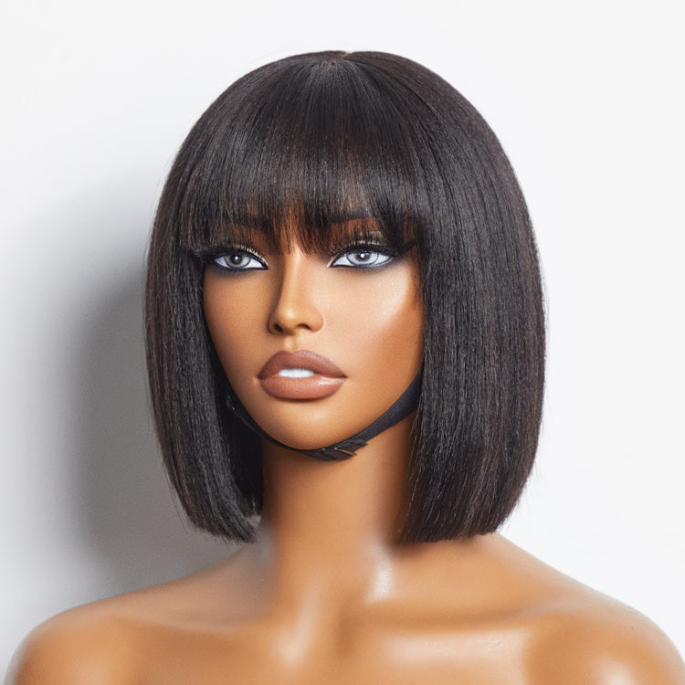 Luvme Hair beginner-friendly yaki straight blunt cut bob with bangs minimalist lace wig, glueless and natural-looking.