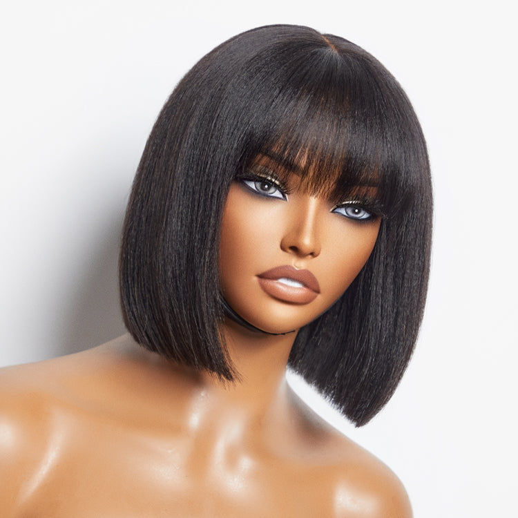 Beginner Friendly Yaki Straight Blunt Cut Bob with Bangs Glueless Minimalist Lace Wig - US Only-05