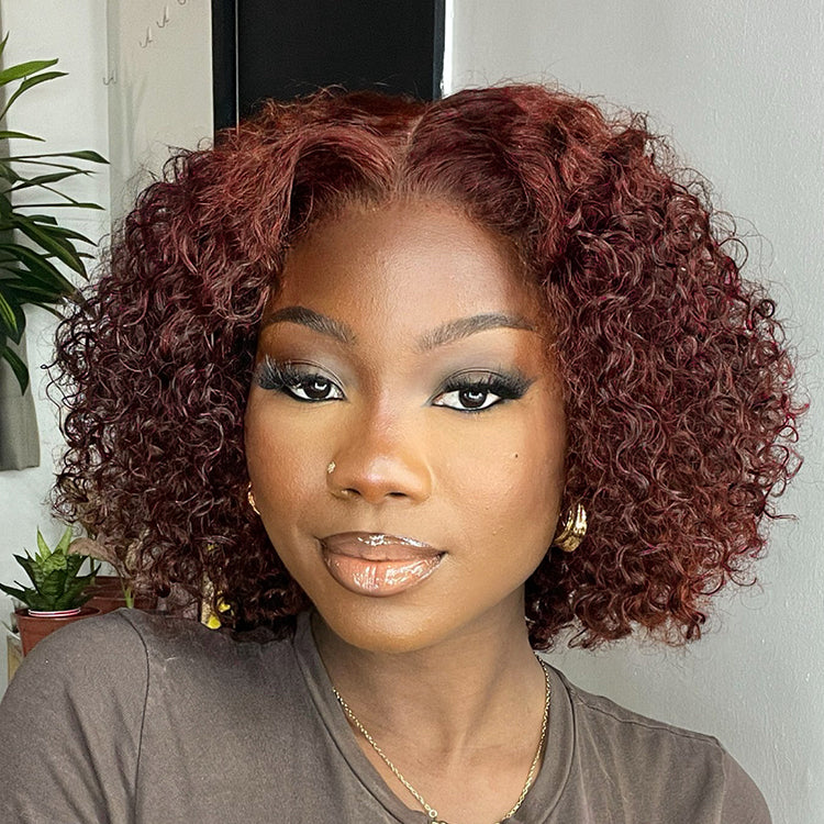 Dark Reddish Brown Water Wave Glueless 5x5 Closure Lace Short Curly Wig  - US Only-01