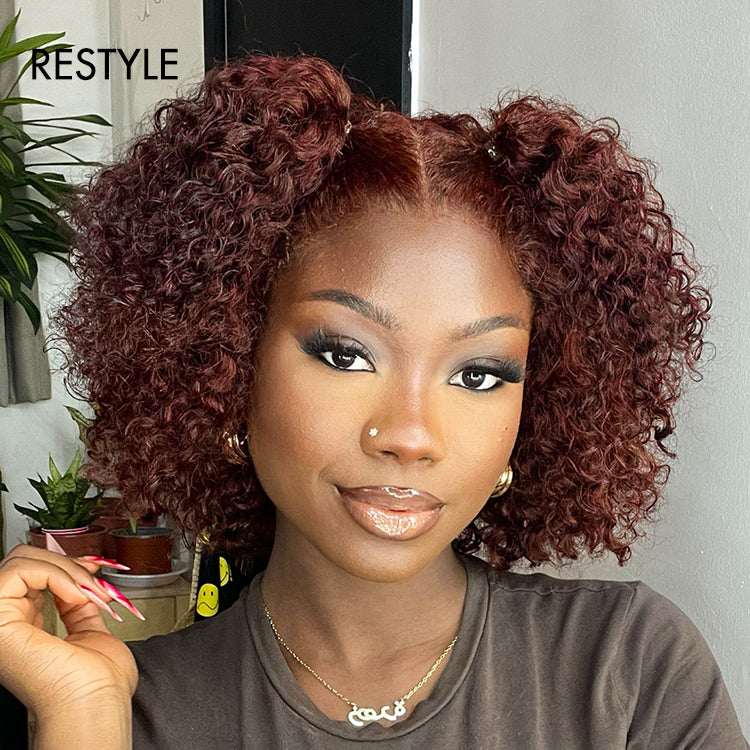 Dark Reddish Brown Water Wave Glueless 5x5 Closure Lace Short Curly Wig  - US Only-03