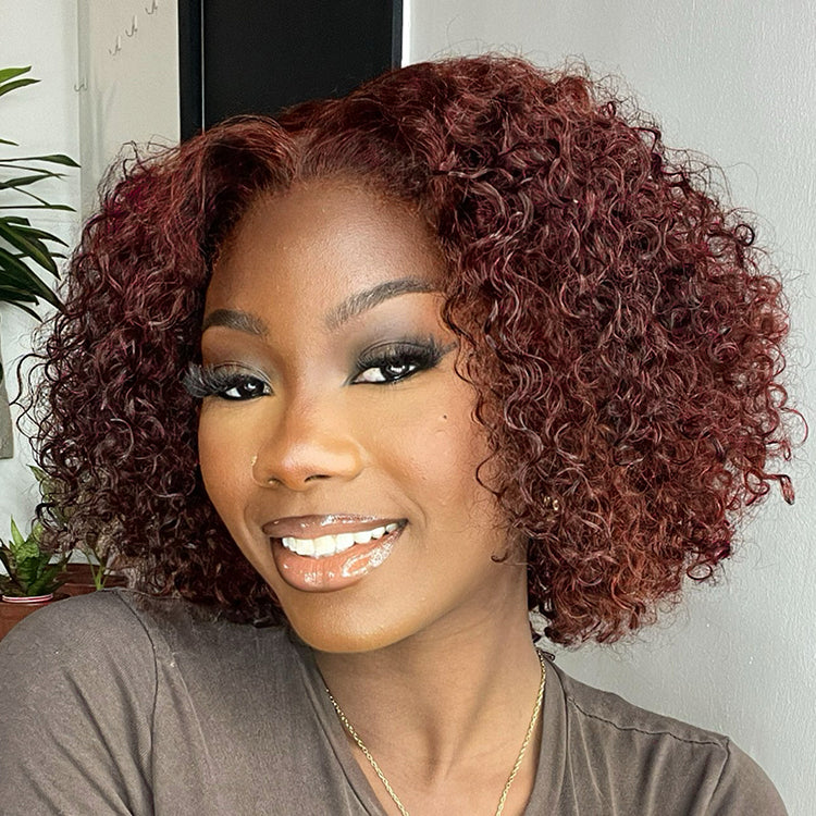 Dark Reddish Brown Water Wave Glueless 5x5 Closure Lace Short Curly Wig  - US Only-02