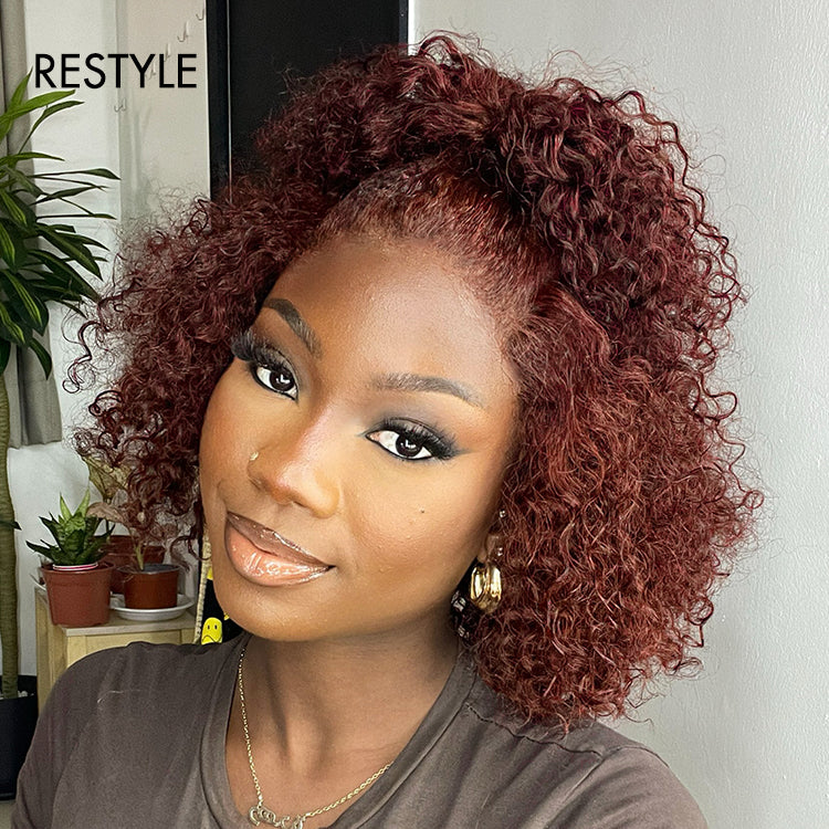 Dark Reddish Brown Water Wave Glueless 5x5 Closure Lace Short Curly Wig  - US Only-04