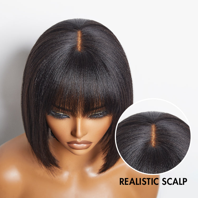 Luvme Hair beginner-friendly Yaki straight blunt cut bob lace wig with bangs, minimal lace design, natural hair appearance.