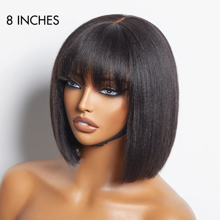 Luvme Hair beginner-friendly Yaki straight blunt bob lace wig with bangs, minimalist design, glueless construction, natural hairline.