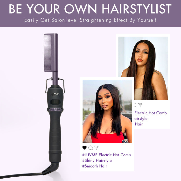 Luvme Hair electric hot comb with US plug, fast heating, adjustable temperature, designed for wigs and natural hair styling.