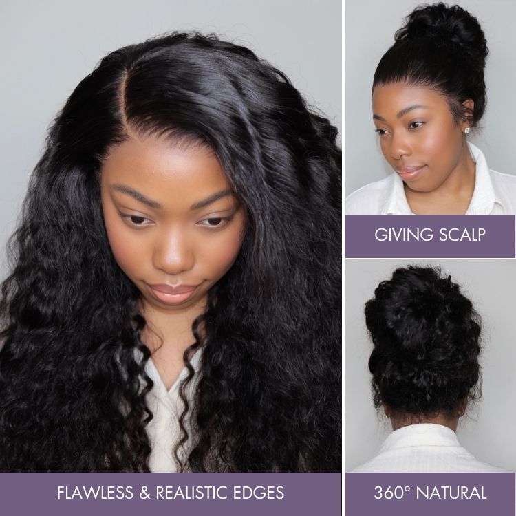 Luvme Hair water wave 360 lace wig with flexi-fit cap, pre-bleached, pre-plucked, long human hair, and invisible drawstring closure