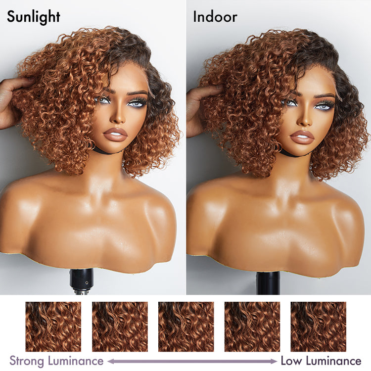 Trendy Mix Brown Short Cut Curly Minimalist HD Lace Glueless Side Part Curly Bob Wig 100% Human Hair-10