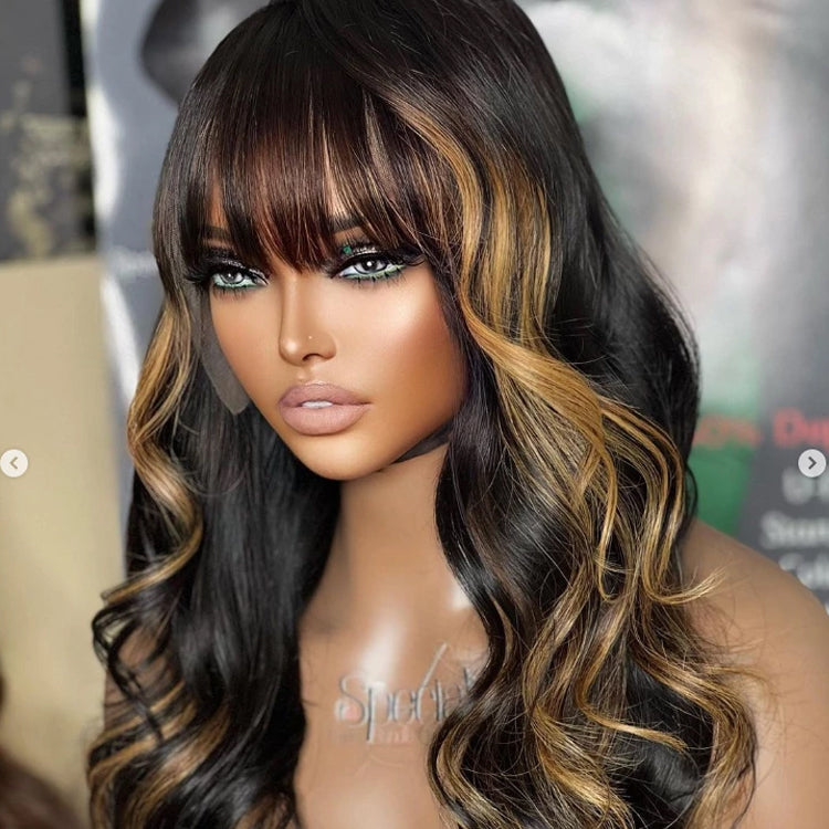 Blonde Highlight Loose Wave Glueless 5x5 Closure Lace Wig with Cute Bangs | Face-Framing