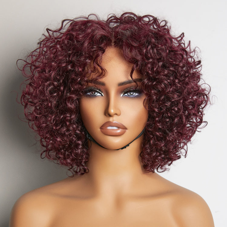 Points Rewards | Trendy Burgundy Curly Bob Glueless Minimalist Lace T Part Wig 100% Human Hair