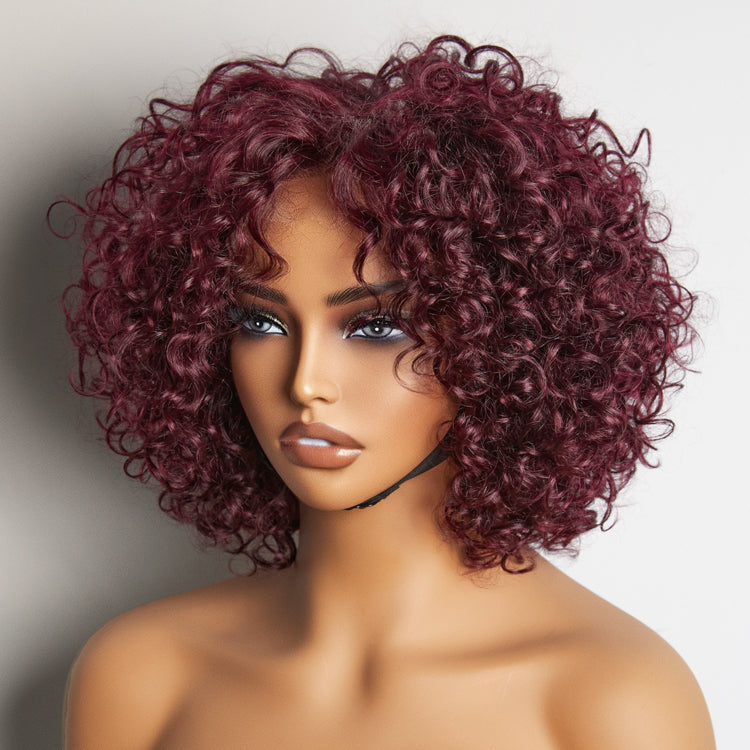 Trendy Burgundy Curly Bob Glueless Minimalist Lace T Part Wig 100% Human Hair - 99J™-03