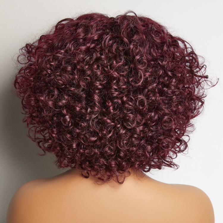 Luvme Hair burgundy curly bob lace wig with T-part, minimalistic design, 100% human hair, showcasing the wig's vibrant color and curls.