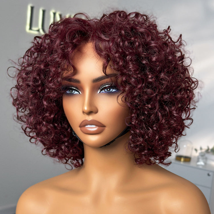 Luvme Hair trendy burgundy curly bob minimalist lace wig with T-part, 100% human hair, in 99J hair color.
