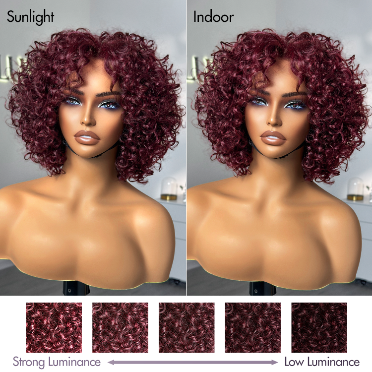 Luvme Hair burgundy curly bob glueless minimalist lace wig with T-part in 99J hair color, 100% human hair for natural look.