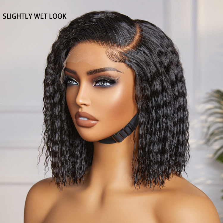 Luvme Boho-Chic Super Bob bohemian curly lace wig with C-part, glueless design, 100% human hair, short minimalist style.