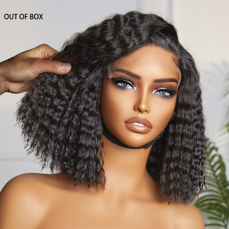 Luvme Boho-Chic Super Bob bohemian curly lace wig with C-part, short style, 100% human hair, glueless minimalist design.